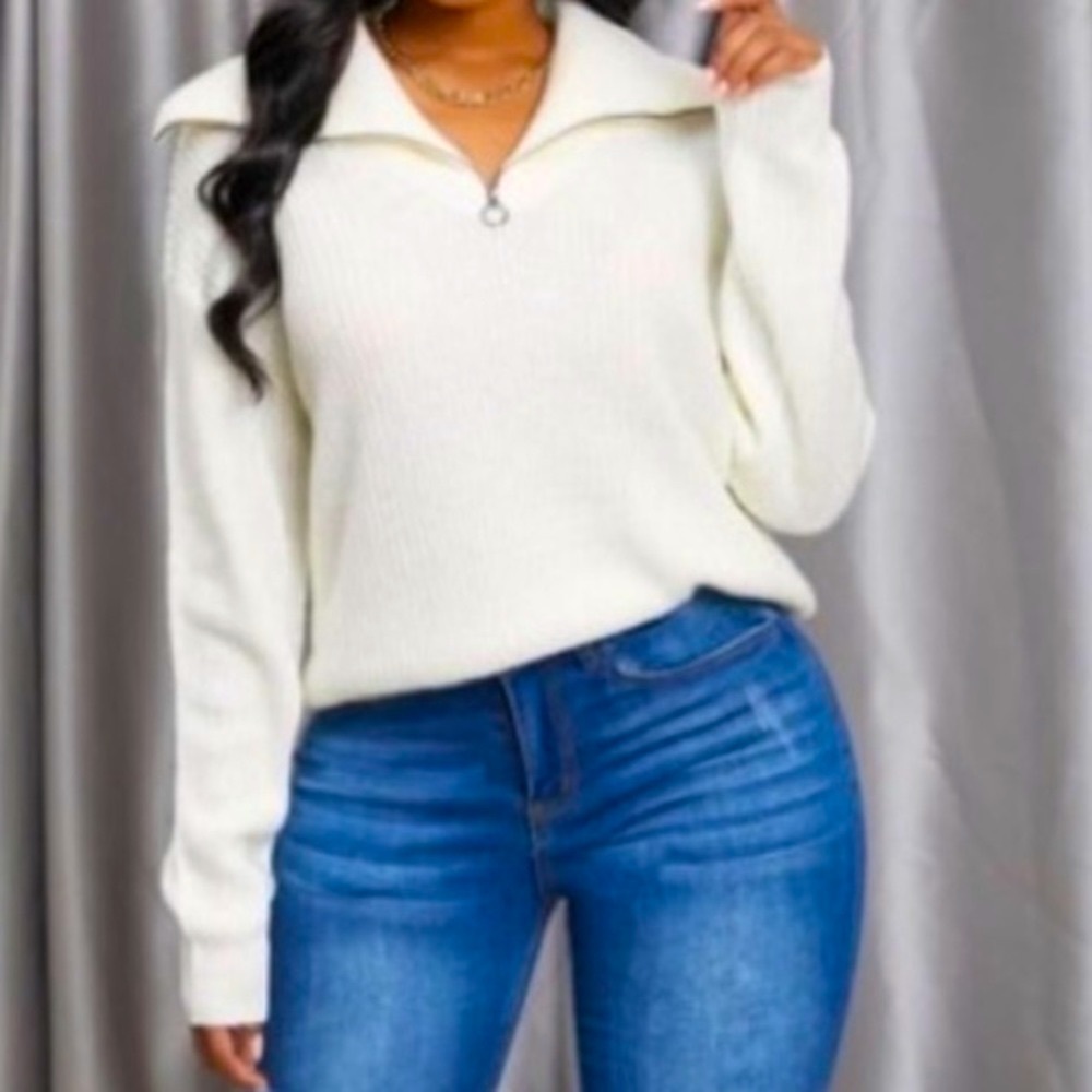 Thick High Collar Zipper Design White Knit V Neck Sweater